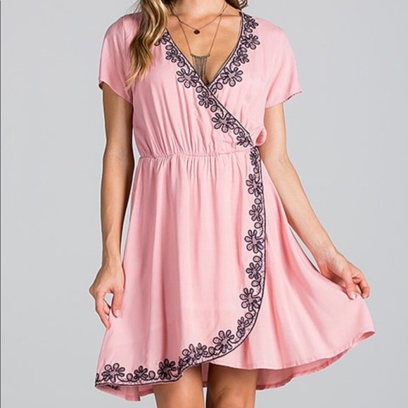 miss love Dresses & Skirts - Pink Wrap Dress with Embroidered Hem